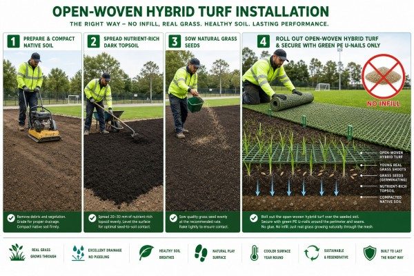 Contractor learning how to install hybrid turf over freshly seeded topsoil