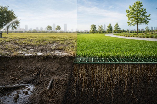 Open woven mesh protecting natural grass roots