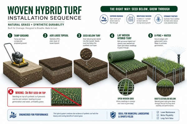How does hybrid turf allow grass to grow through it?