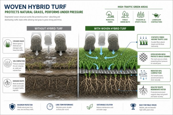 hybrid turf protecting real grass roots from heavy trampling traffic