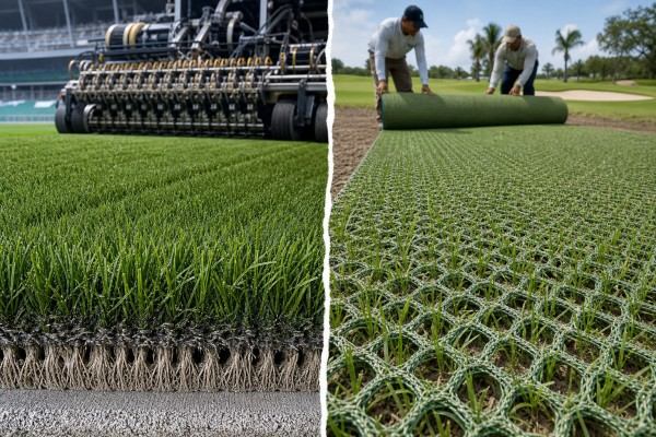 Mesh backed hybrid grass structure detailing open weave