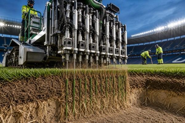 Giant sewing machine injecting fibers into stadium pitch