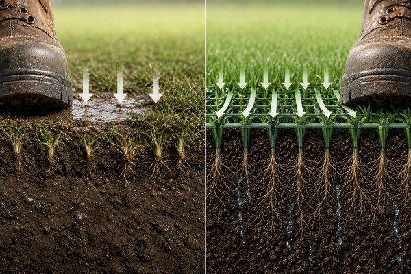 hybrid grass and natural grass root protection structure