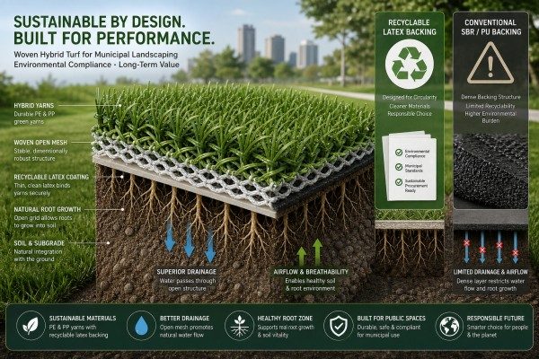 Recyclable latex coating on woven hybrid grass
