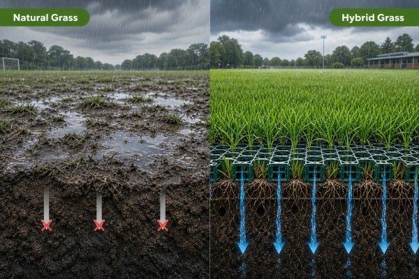 hybrid grass and natural grass drainage comparison