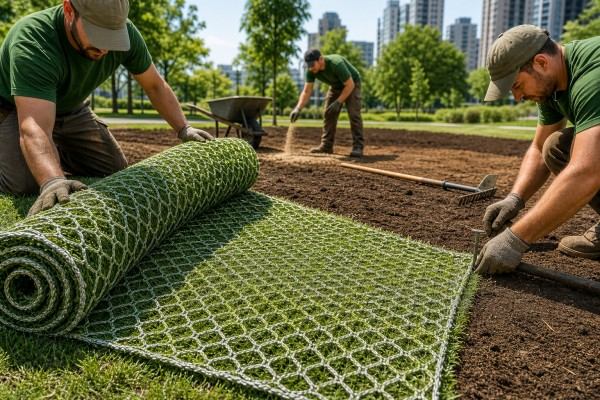 Installing woven hybrid turf rolls on site