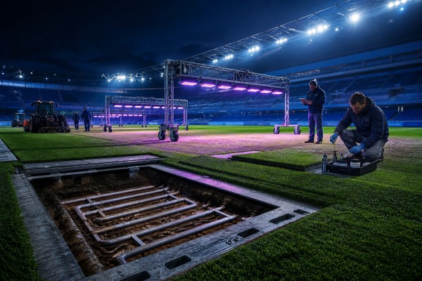 Groundsmen using UV grow lights on hybrid turf pitch