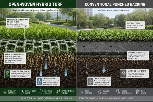 Open woven mesh vs punched holes in artificial grass