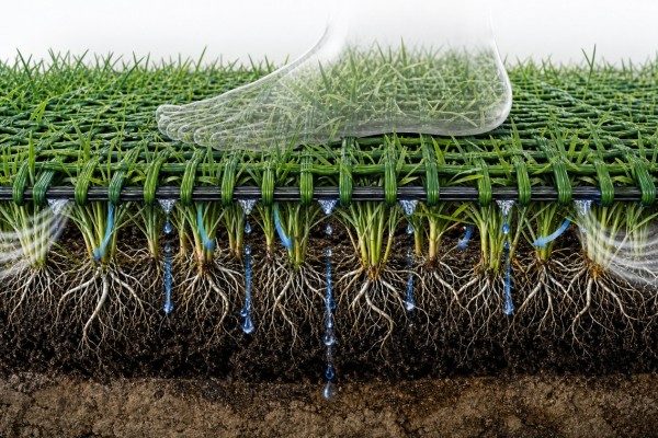 grass growing through artificial turf destroying traditional PU backing