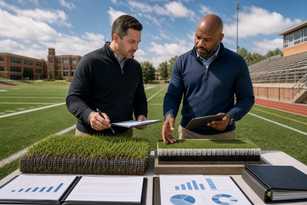 Contractor reviewing sports field technical specifications