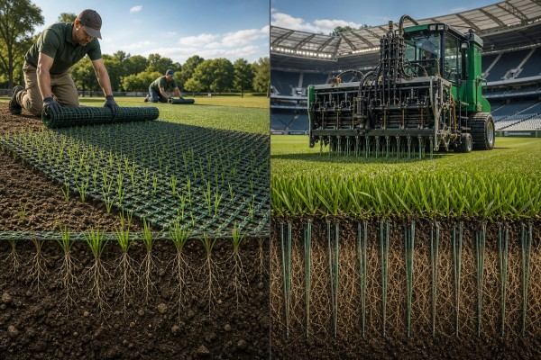 hybrid artificial turf open mesh vs stitched stadium systems