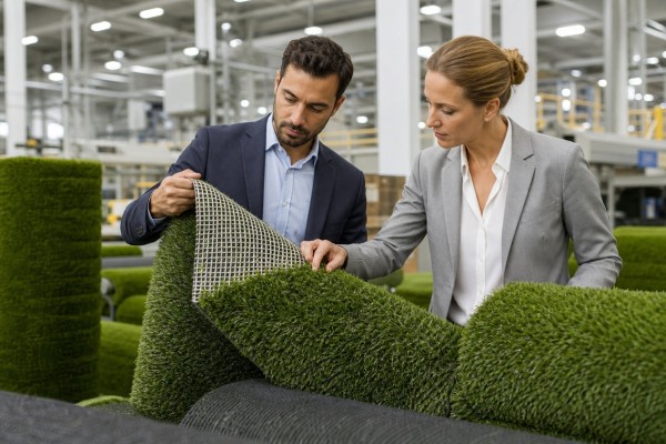 wholesale importer inspecting woven hybrid grass rolls in a factory