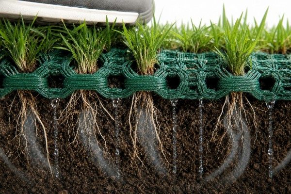 open woven grid structure of hybrid grass protecting roots